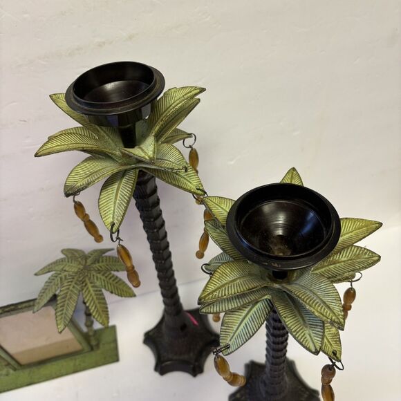 Pair Of Metal Palm Tree Candle Holders And Tropical 3.5x5” Frame - Picture 4 of 10